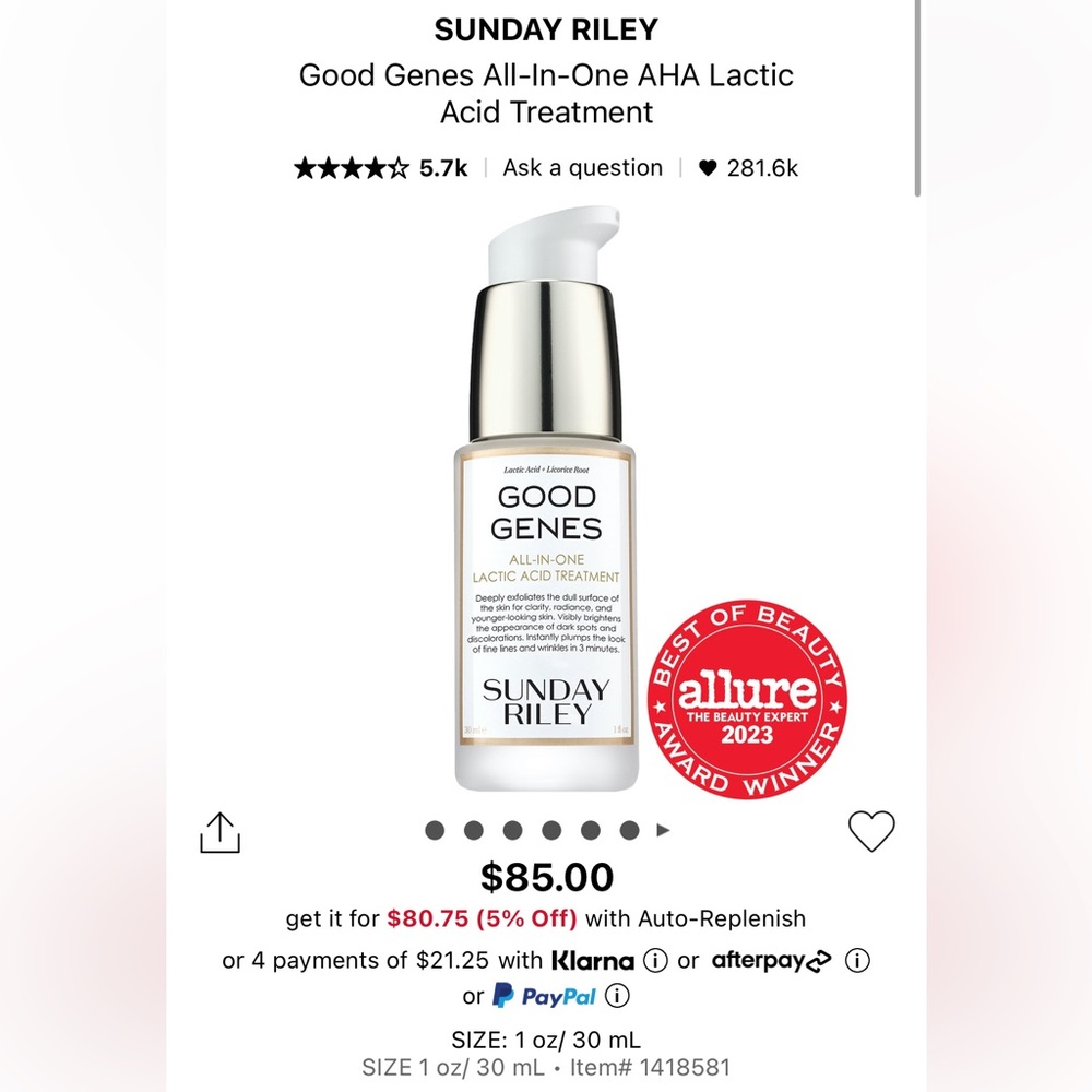 Brand New in Box Sunday Riley Good Genes All-In-One AHA Lactic Acid Treatment
